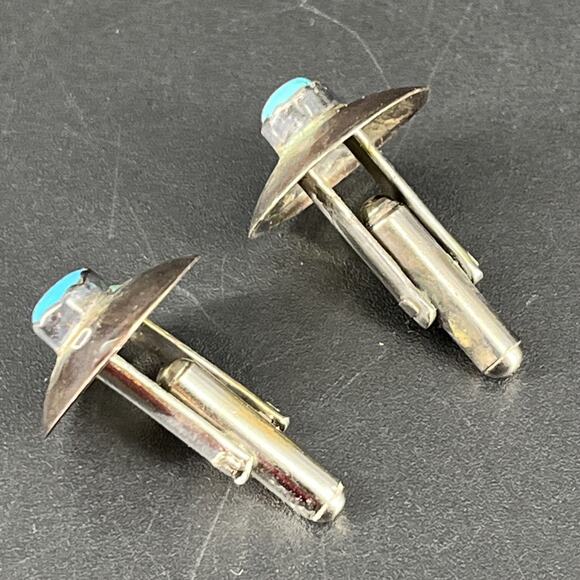 Vintage Sterling Silver & Turquoise Southwest Style Round Cufflinks Cuff Links - Picture 8 of 10